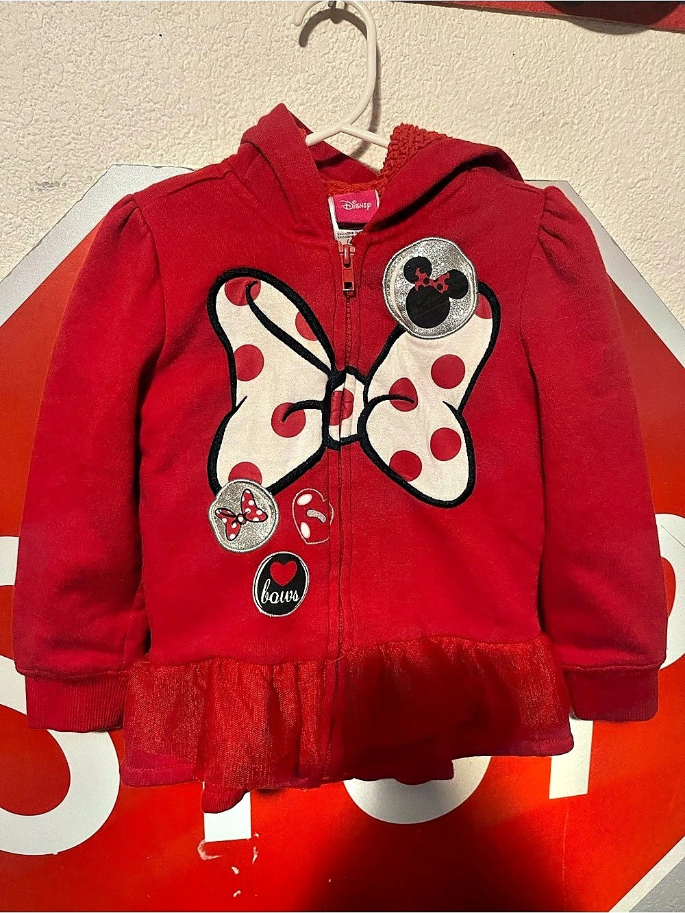 Disney Minnie Mouse Red Zip Up Hoodie Jacket with Tulle Peplum Girls 4 Red &